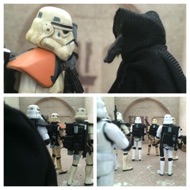 The darkly clad creature quickly approached the leading soldier. TROOPER: "Which way?" The creature points to the door of the docking bay while speaking in it's native language of high pitch squeals. The spy moves away quickly as the platoon rushes towards the bay's entrance. TROOPER: "All right, men. Load your weapons!" #starwars #anhwt #toyshelf